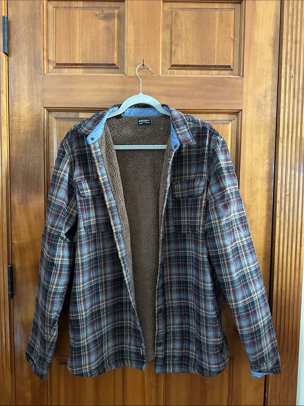 Buffalo David Bitton Brown and Blue Plaid Sherpa-Lined Shirt Jacket